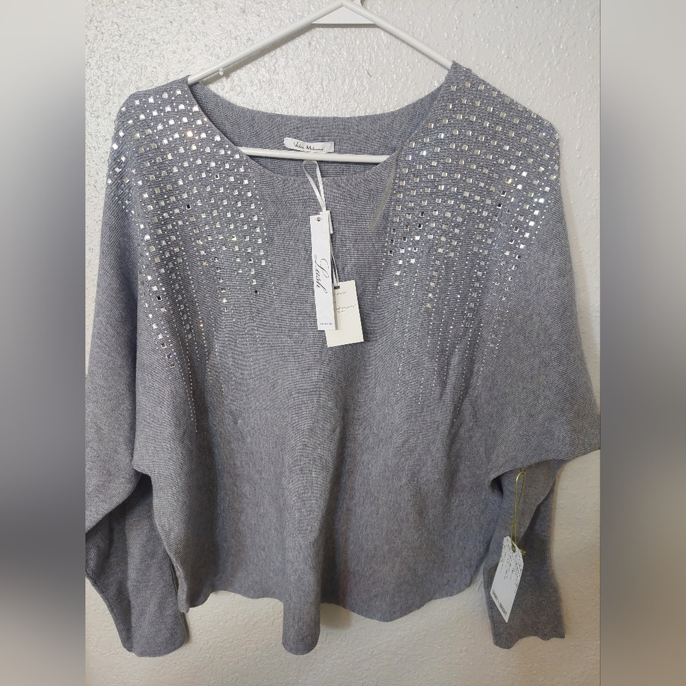 Sophie B Gray Crew Neck Sweater with Rhinestone Embellishments